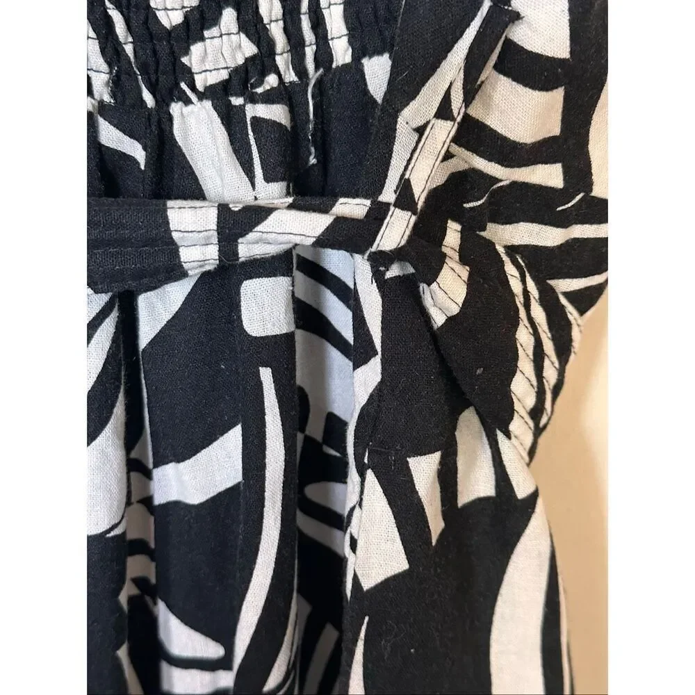 Tahari Linen Blend V-Neck Belted Women’s Jumpsuit Pants Romper Black/White Sz 10